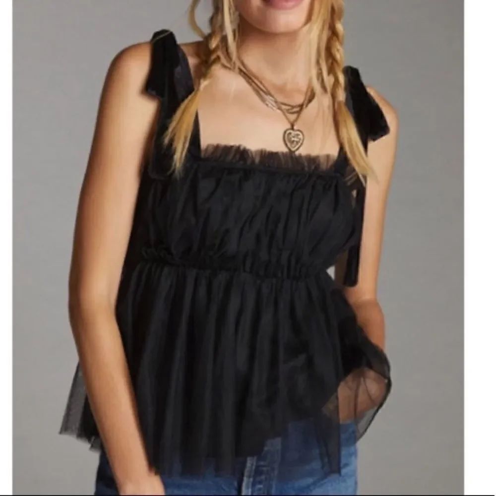 NWT Anthropologie Sunday in Brooklyn Black Tulle Tank Top Velvet Tie Shoulder